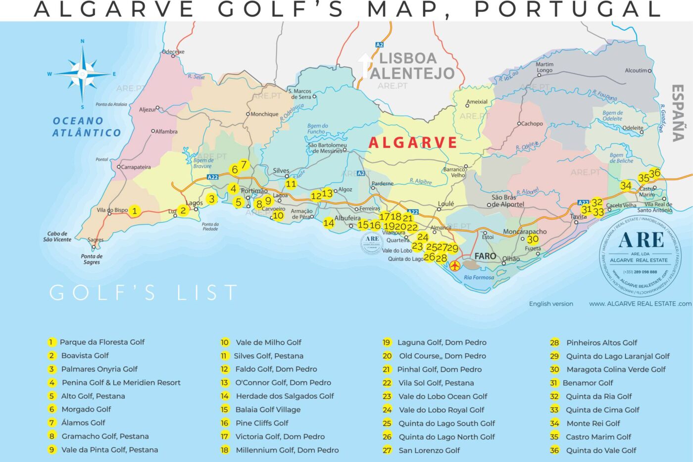 Mapa do Algarve com indicação de 36 campos de golfe espalhados pelos 16 concelhos.