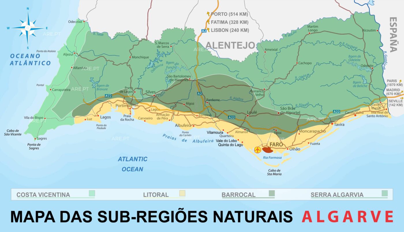 Mapa das sub-regiões naturais do Algarve, Costa Vicentina, Litoral, Barrocal e Serra Algarvia.