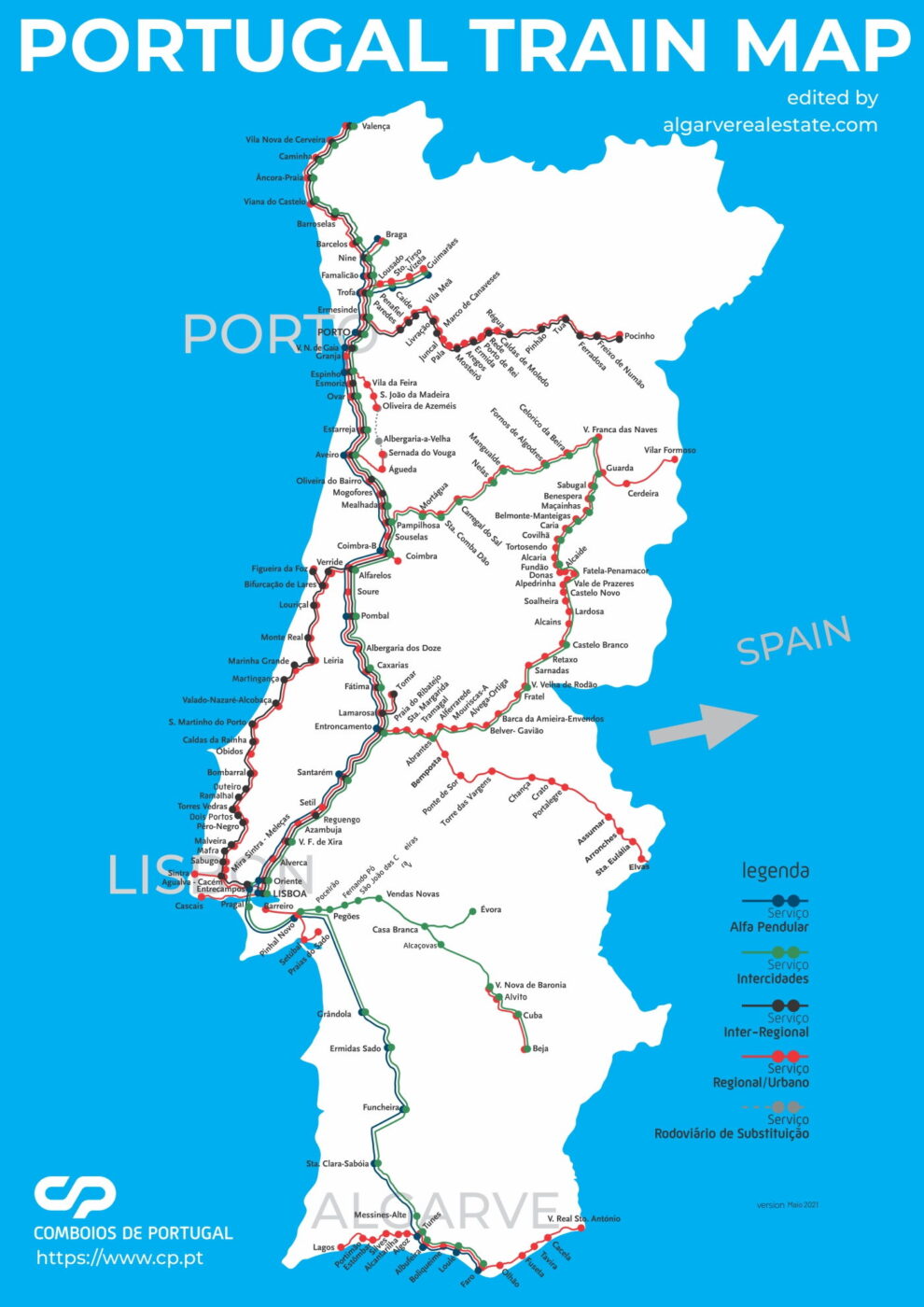 Mapa de Portugal mostrando as linhas ferroviárias, com cores diferentes representando os vários tipos de serviços ferroviários, incluindo trens rápidos, trens regionais e trens intermunicipais