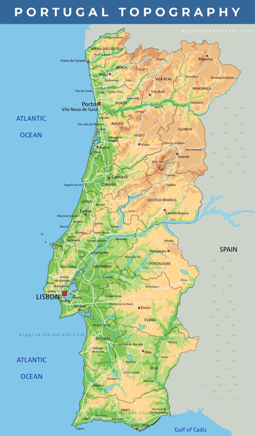 Mapa topográfico de Portugal, com rios e principais relevos montanhosos de todo o país